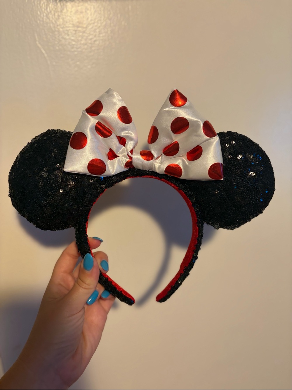 Sequined Minnie Mouse Ear Headband with Red Polka Dot Bow